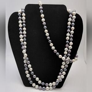 60" Pearl Necklace Glass Bead Faux Pearls Knotted Long String Gray Cream Silver